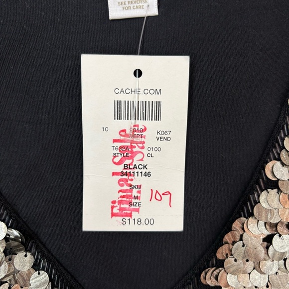 Cache Top Women’s Size Medium Sequin Embellished V Neck Sleeveless Black Party - Picture 5 of 6